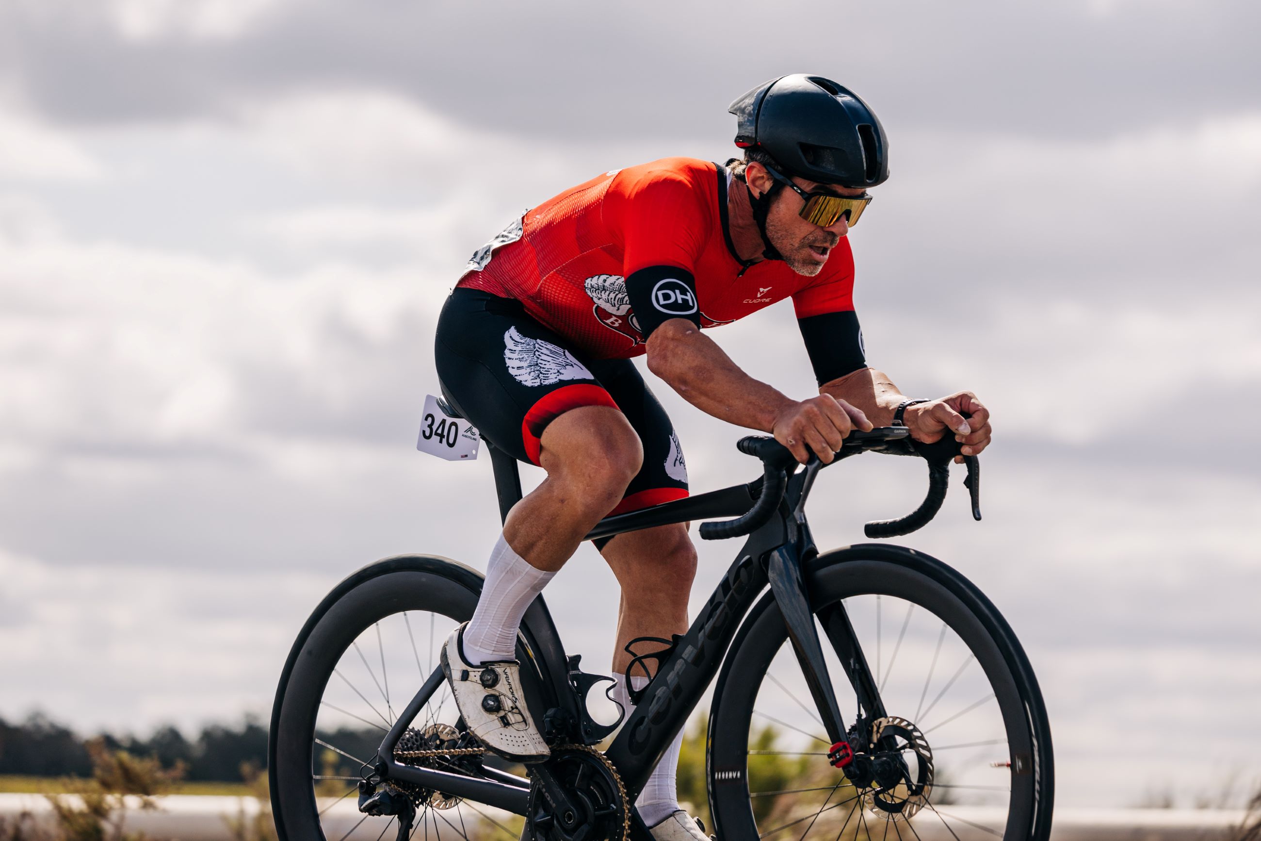 Chris Ling during a solo breakaway during the MMAS5 road race at the 2024 AusCycling Masters & Junior Road National Championships in Loxton